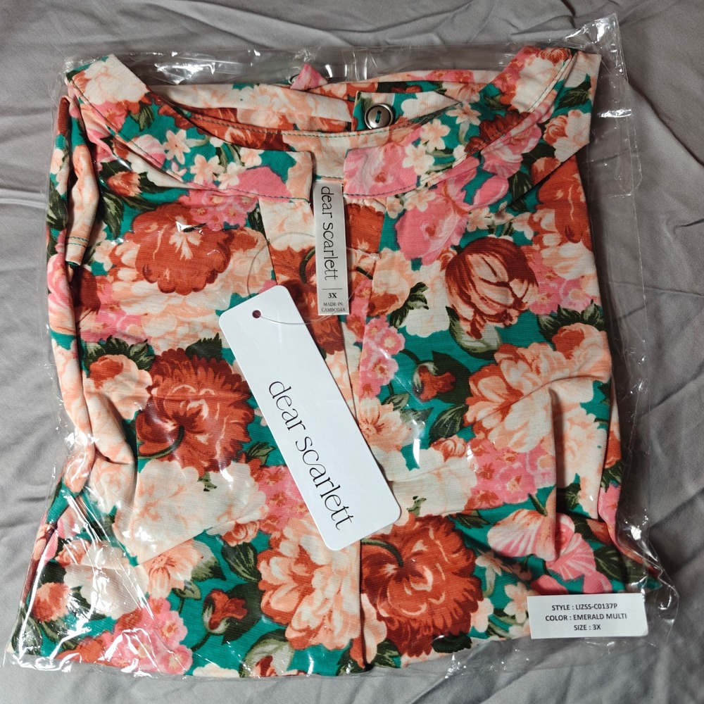 Dear Scarlett Lizzie Wrinkle free Multi Floral Split Neck Cap Sleeve Blouse 3XL - Picture 7 of 9